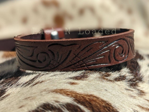 Handmade adjustable tooled leather bangle cuff