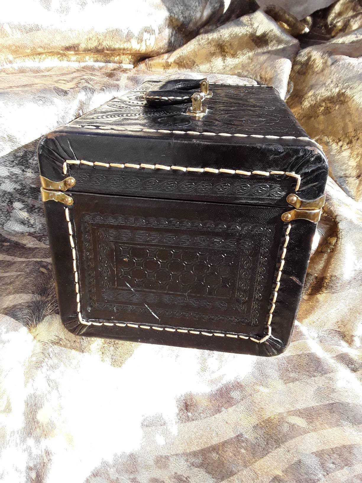 Vintage Black Tooled Leather Train Case with Key