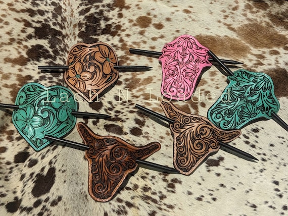 Tooled Leather Stick Hair Barrettes