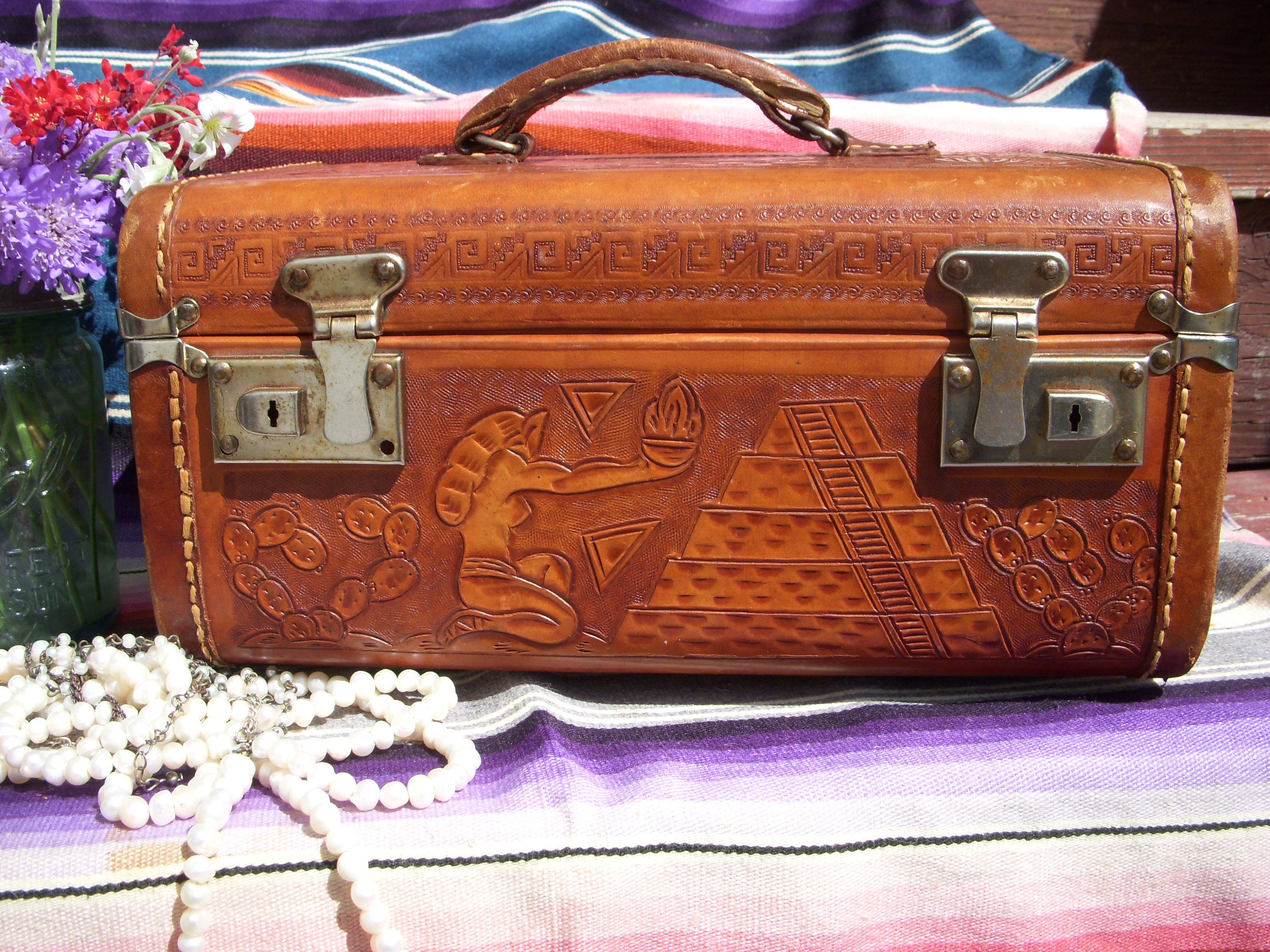 Vintage Tooled Leather Train Case With Key