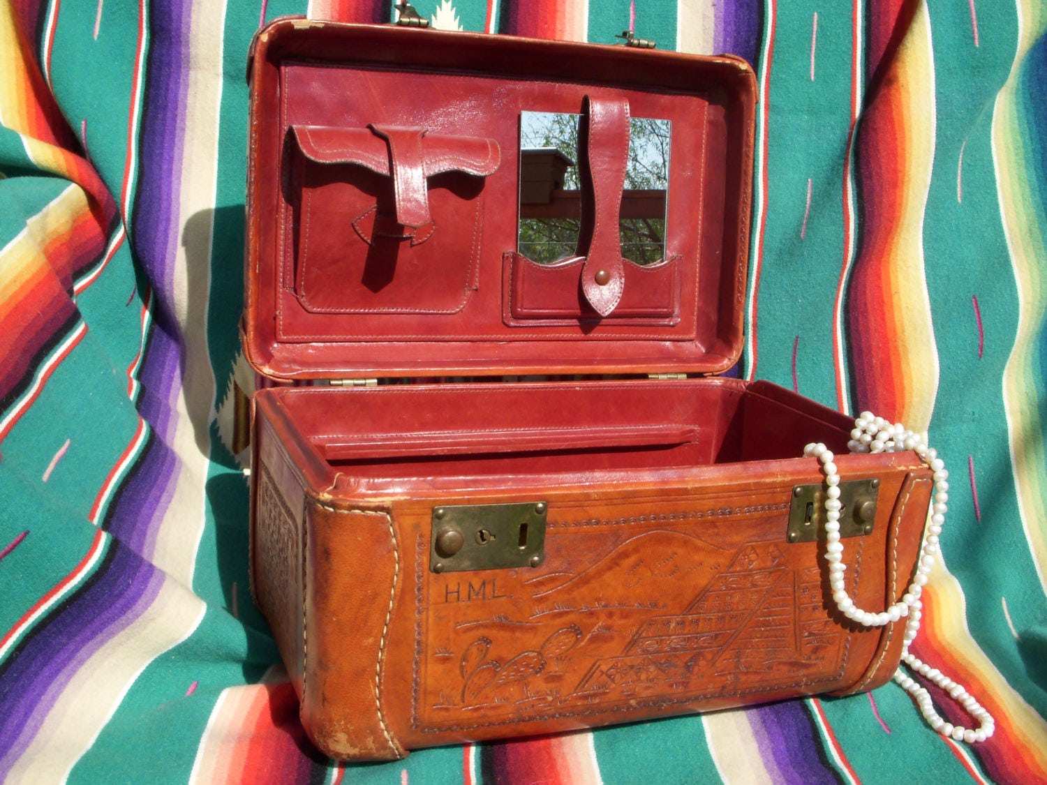 Reserved for Terri Vintage Tooled Leather Train case for Jewelry or