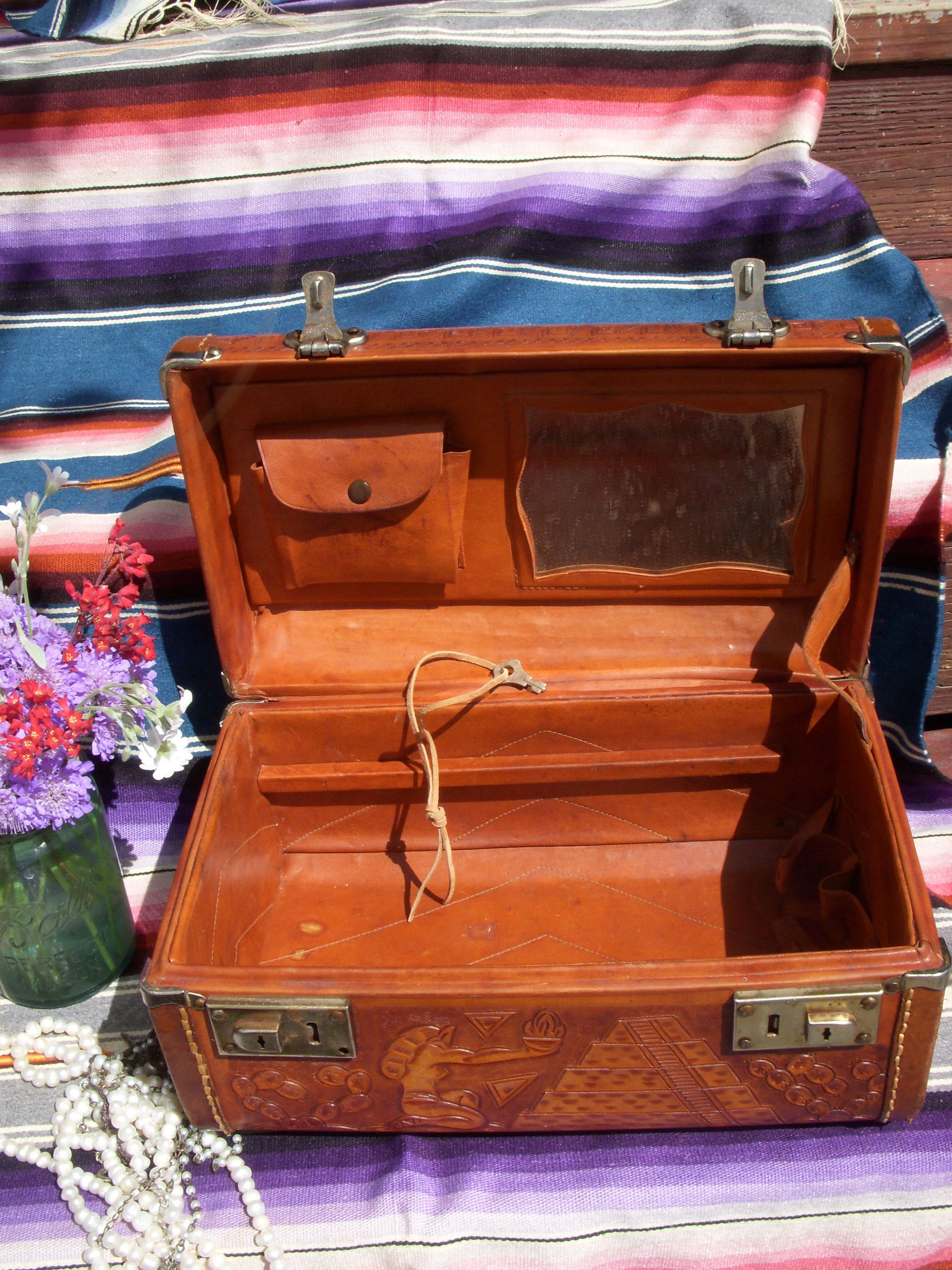 Vintage Tooled Leather Train Case With Key