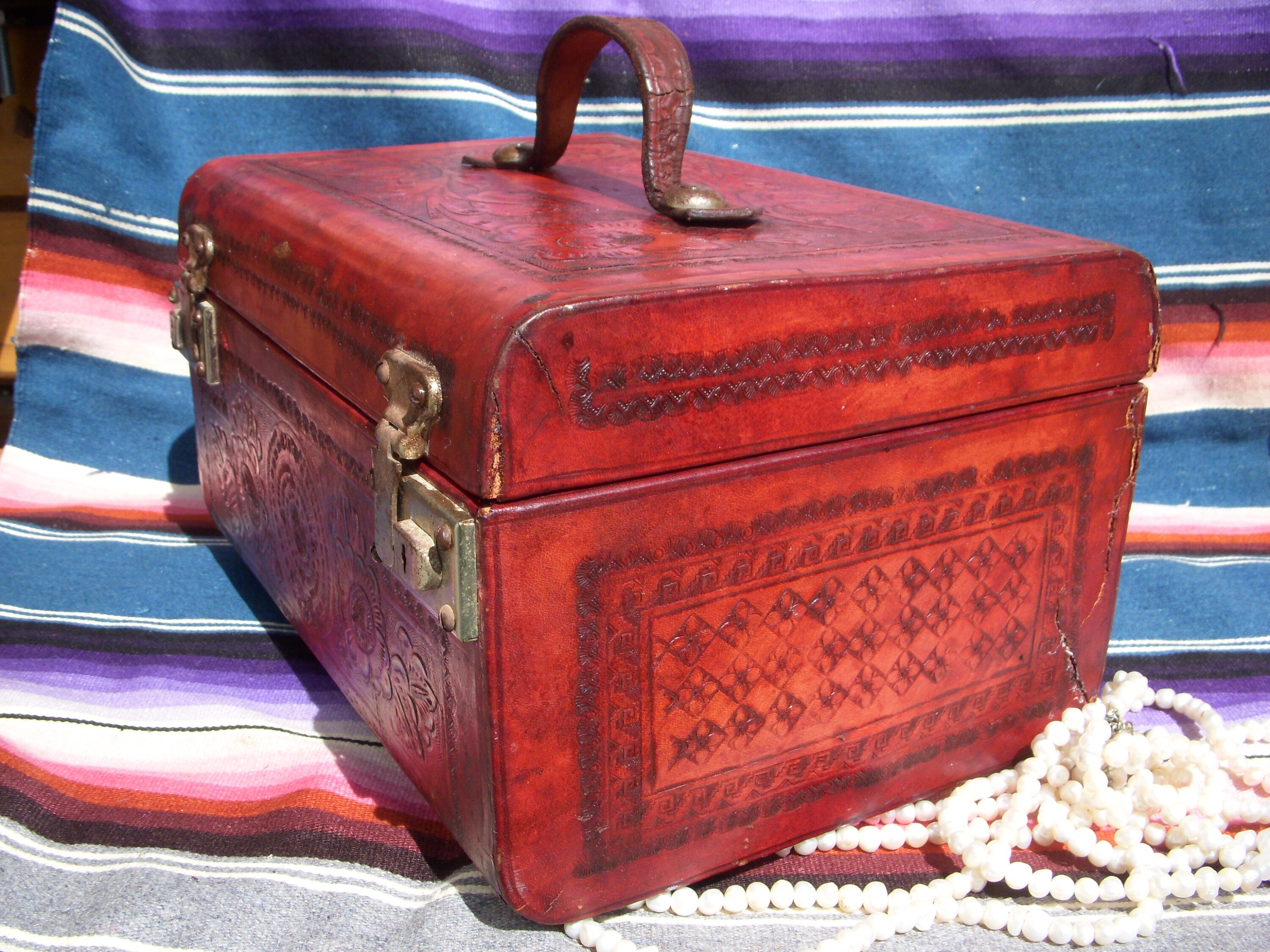Reserved for Shirley**Vintage Red Tooled Leather Train Case