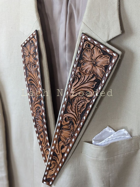 Custom tooled leather removable jacket lapels and removable jacket pockets dress jacket lapels for wedding prom and special occasions