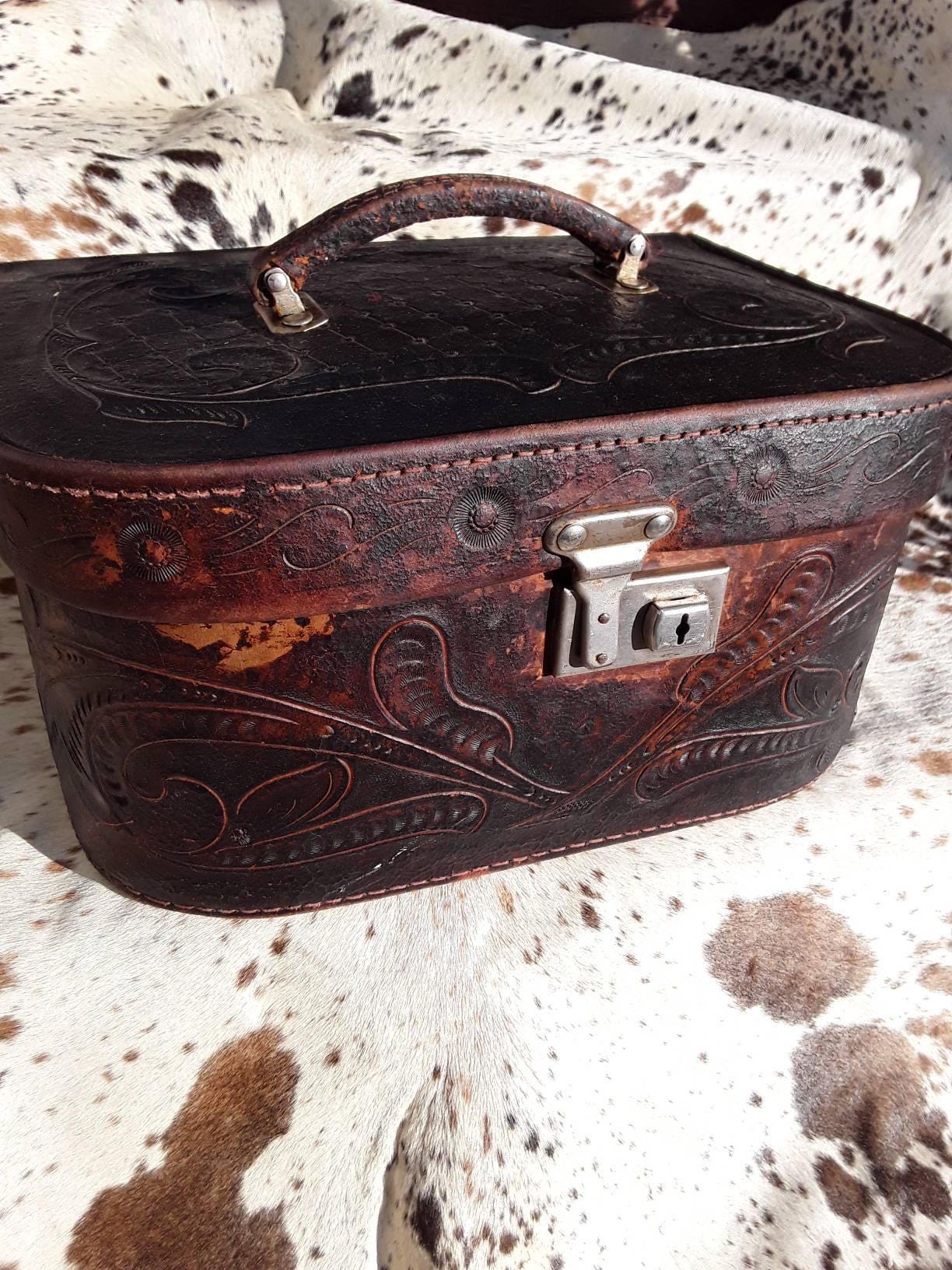 Vintage Tooled Leather Train Case with Key!