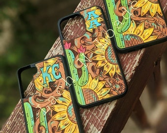Custom Tooled Leather Phone Case with Cactus and Sunflowers