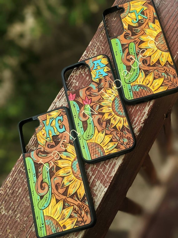 Custom Tooled Leather Phone Case with Cactus and Sunflowers