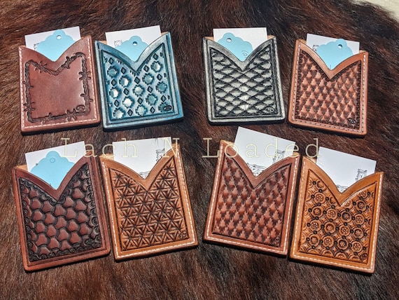 Tooled leather card pocket wallets