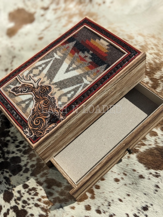 tooled leather and wood jewelry box