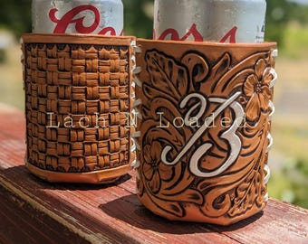 Custom tooled leather beer can cooler wrap stubby sleeve