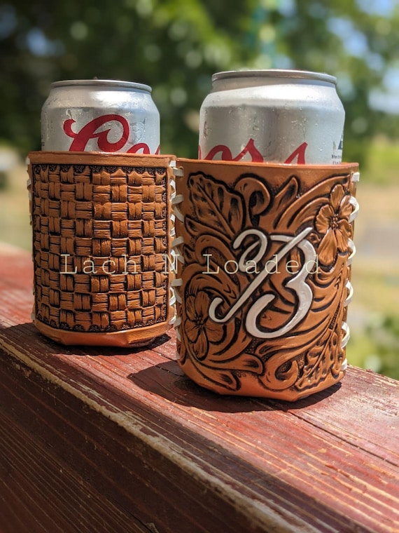 Custom tooled leather beer can cooler wrap stubby sleeve