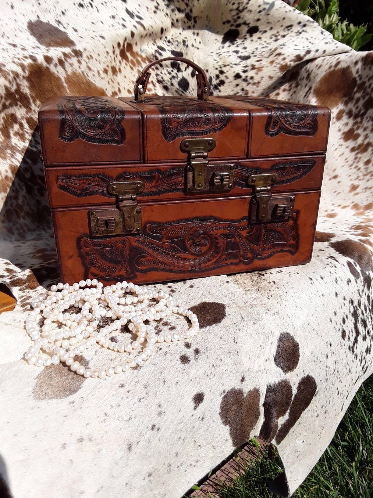 Vintage Tooled Leather Train Case with Key!