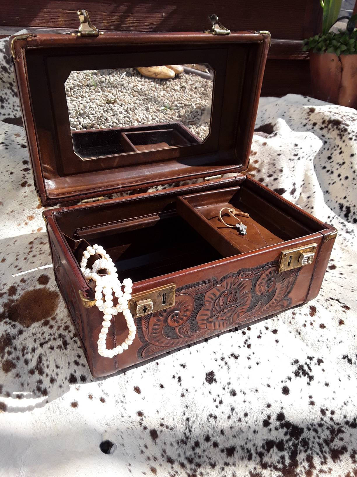 Vintage Tooled Leather Train Case with Key!