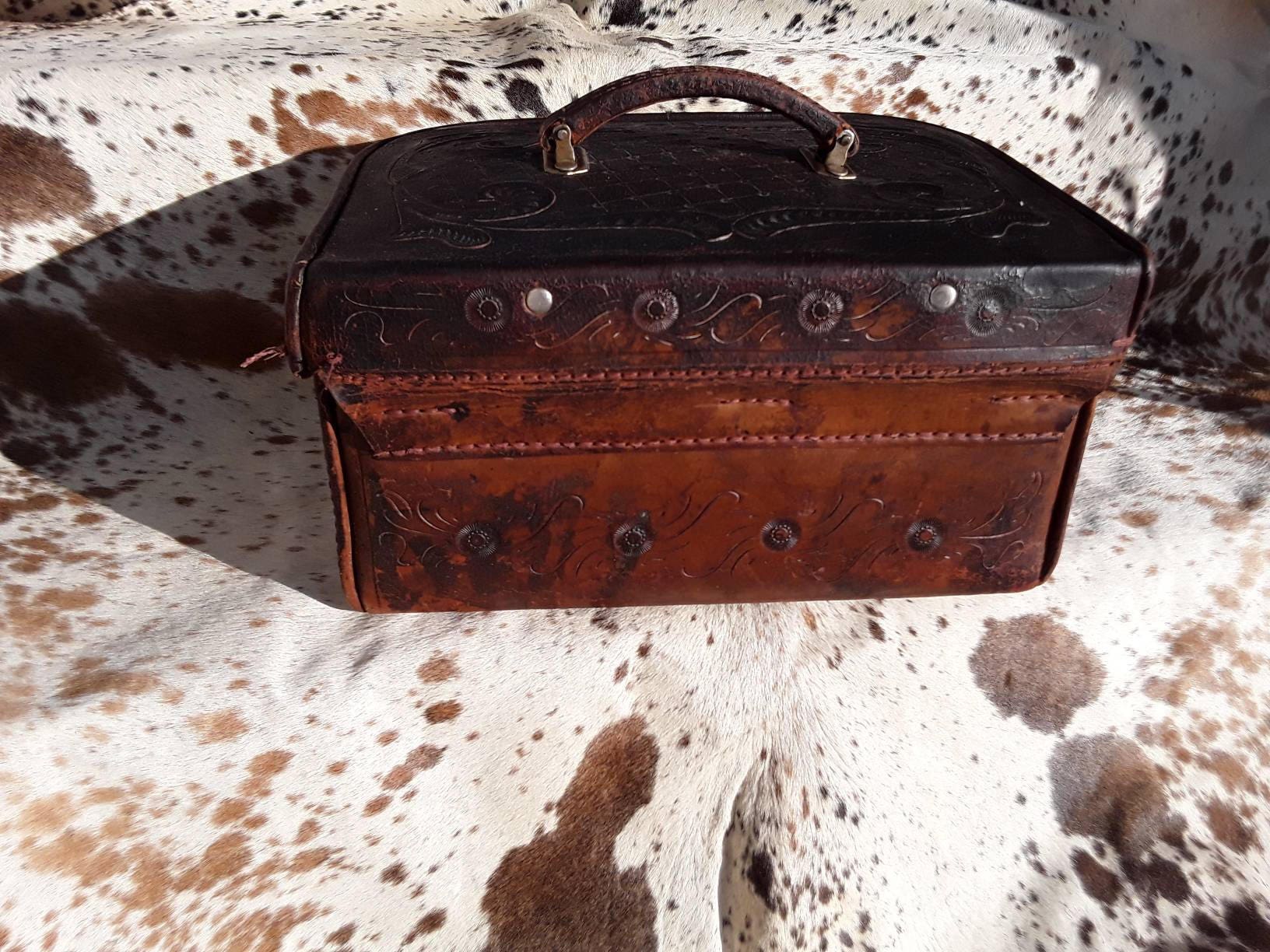 Vintage Tooled Leather Train Case with Key!
