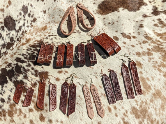 Tooled leather finger carved earrings