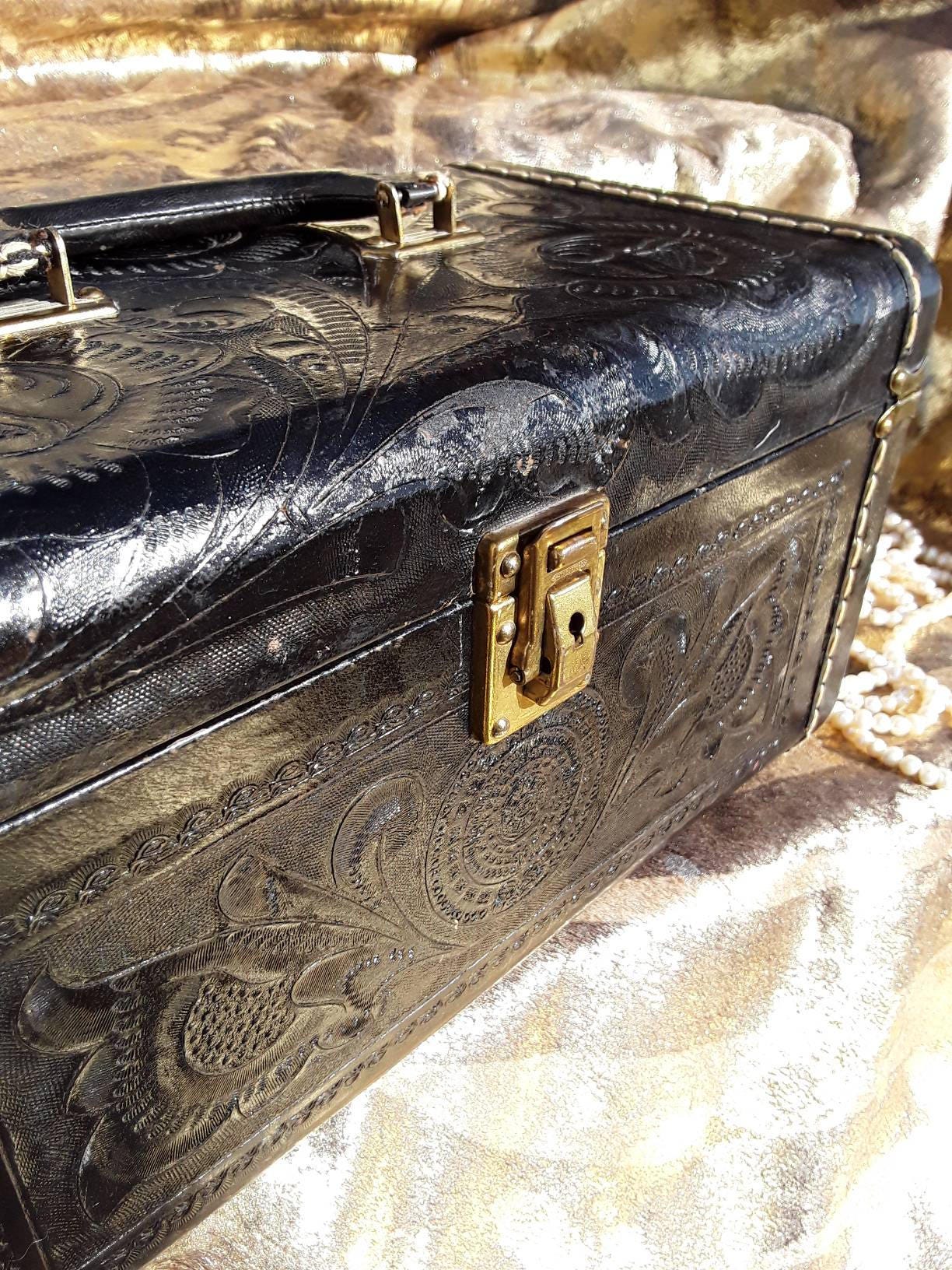 Vintage Black Tooled Leather Train Case with Key