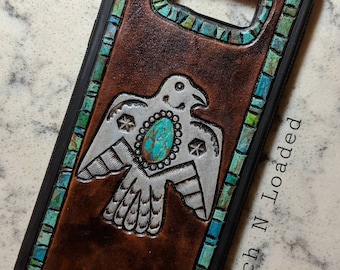 Custom Tooled Leather Thunderbird and Turquoise Phone Case