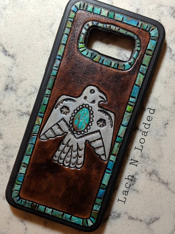 Custom Tooled Leather Thunderbird and Turquoise Phone Case