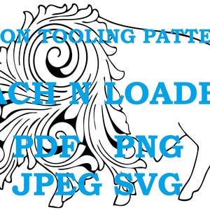 Op de afbeelding: Een zwart-witte lijntekening van een bizon met een decoratief bloemmotief. De tekst "BISON TOOLING PATTERN LACH N LOADED PDF PNG JPEG SVG" is in blauwe letters geschreven.