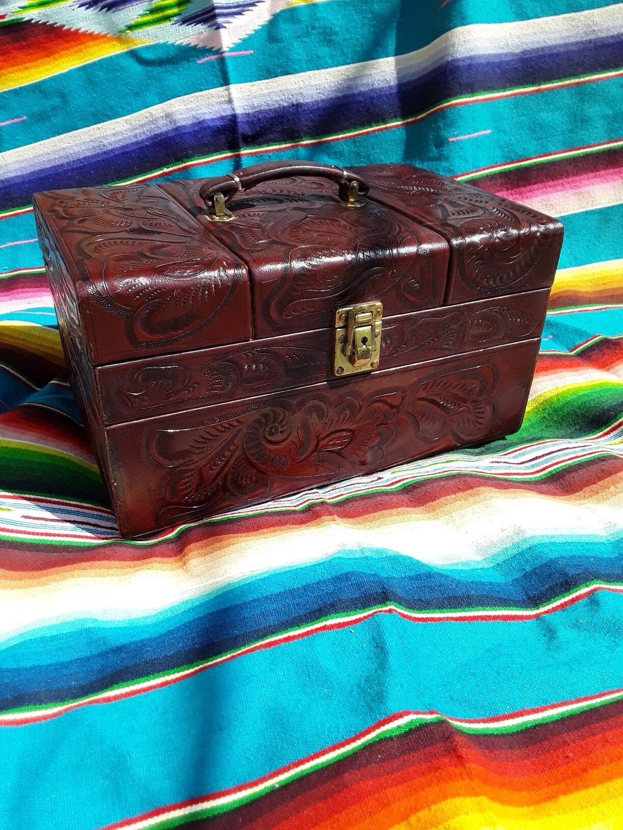 Vintage Tooled Leather Train Case with Key!