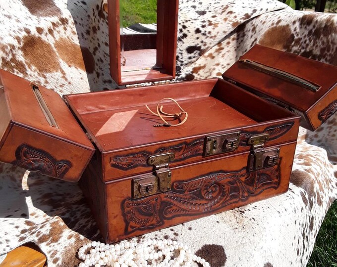 Vintage Tooled Leather Train Case With Key Etsy