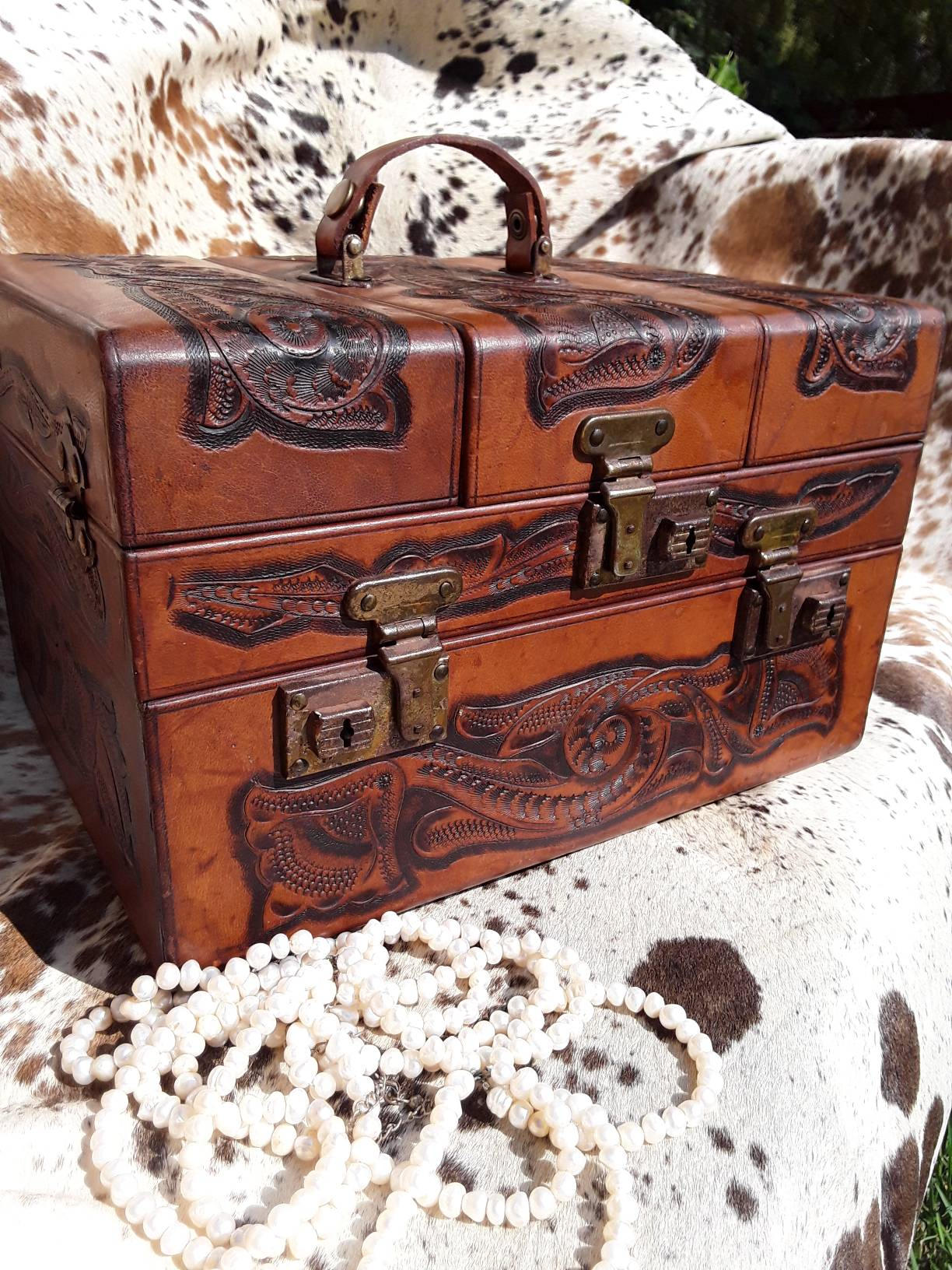 Vintage Tooled Leather Train Case with Key!