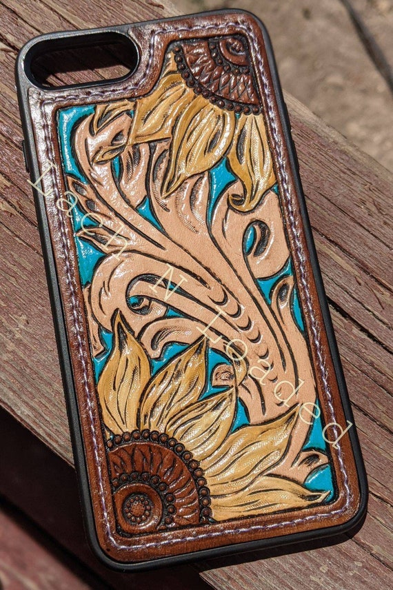 Custom tooled leather sunflower phone case