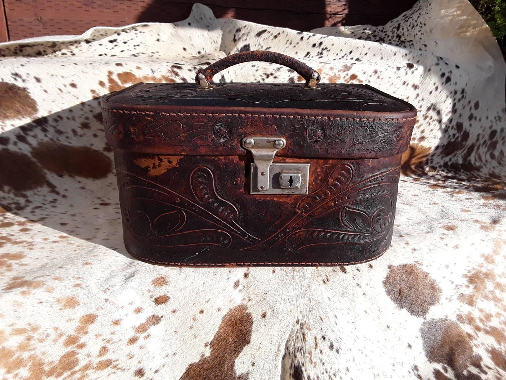 Vintage Tooled Leather Train Case with Key!