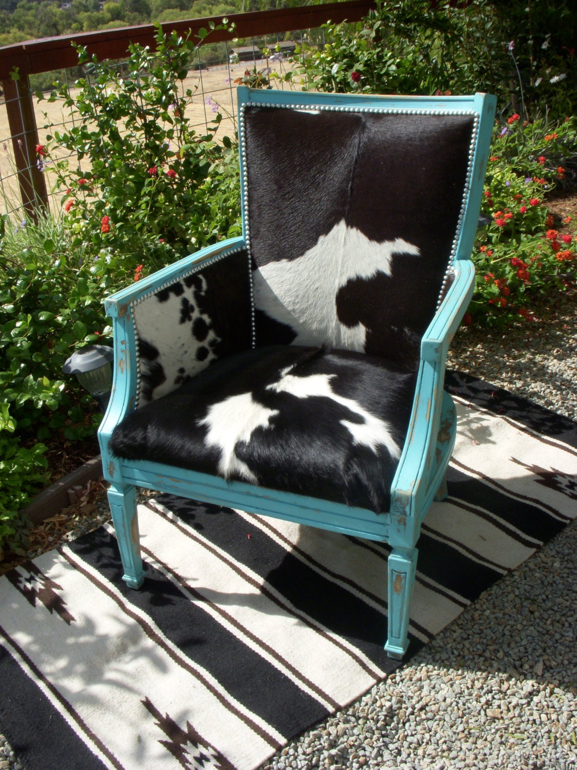 Cowgirl Chic Turquoise And Black White Cowhide Chair