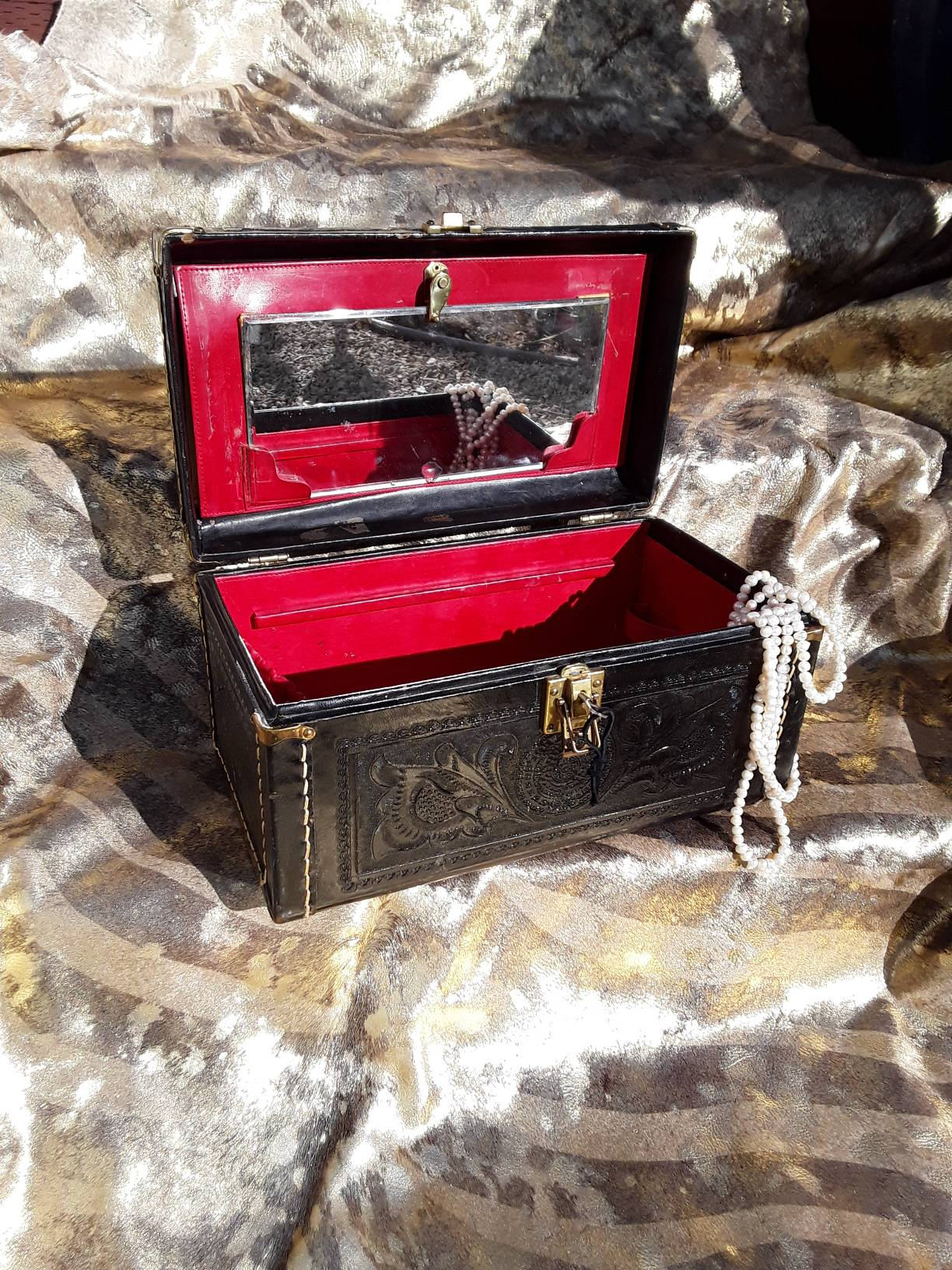 Vintage Black Tooled Leather Train Case with Key