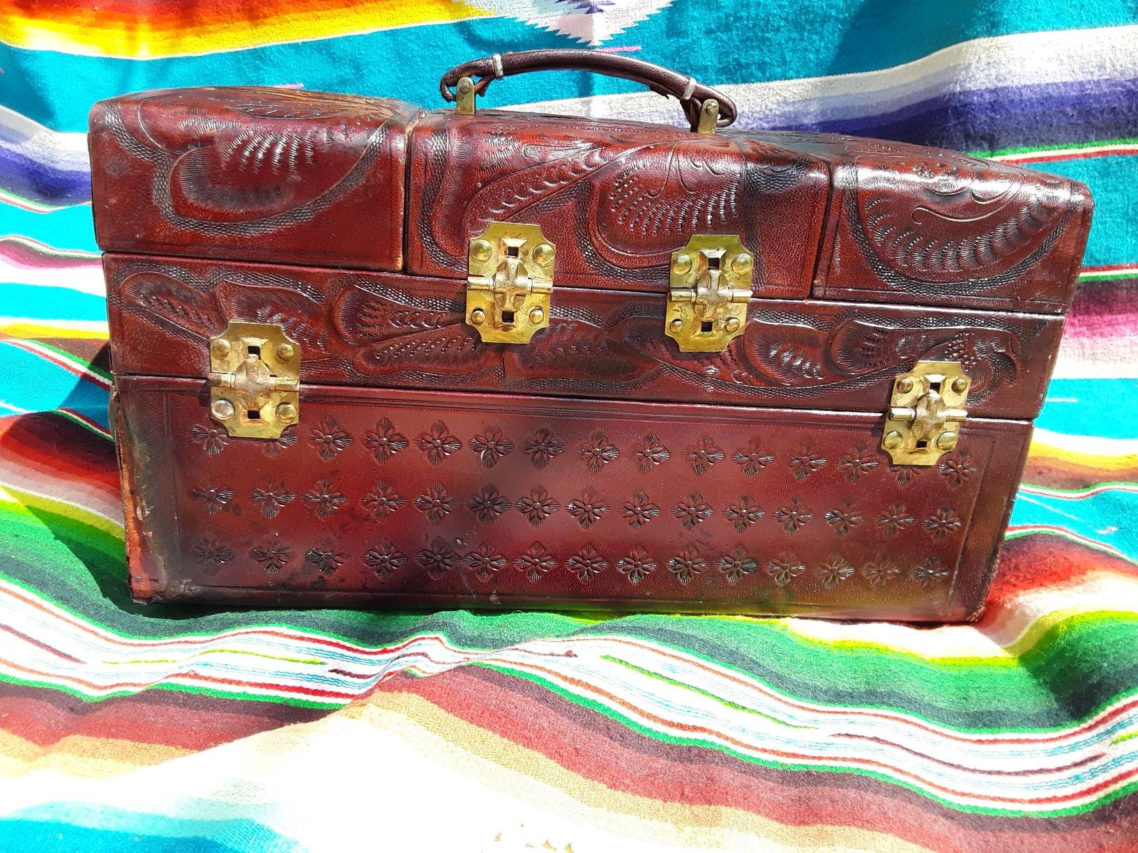 Vintage Tooled Leather Train Case with Key!