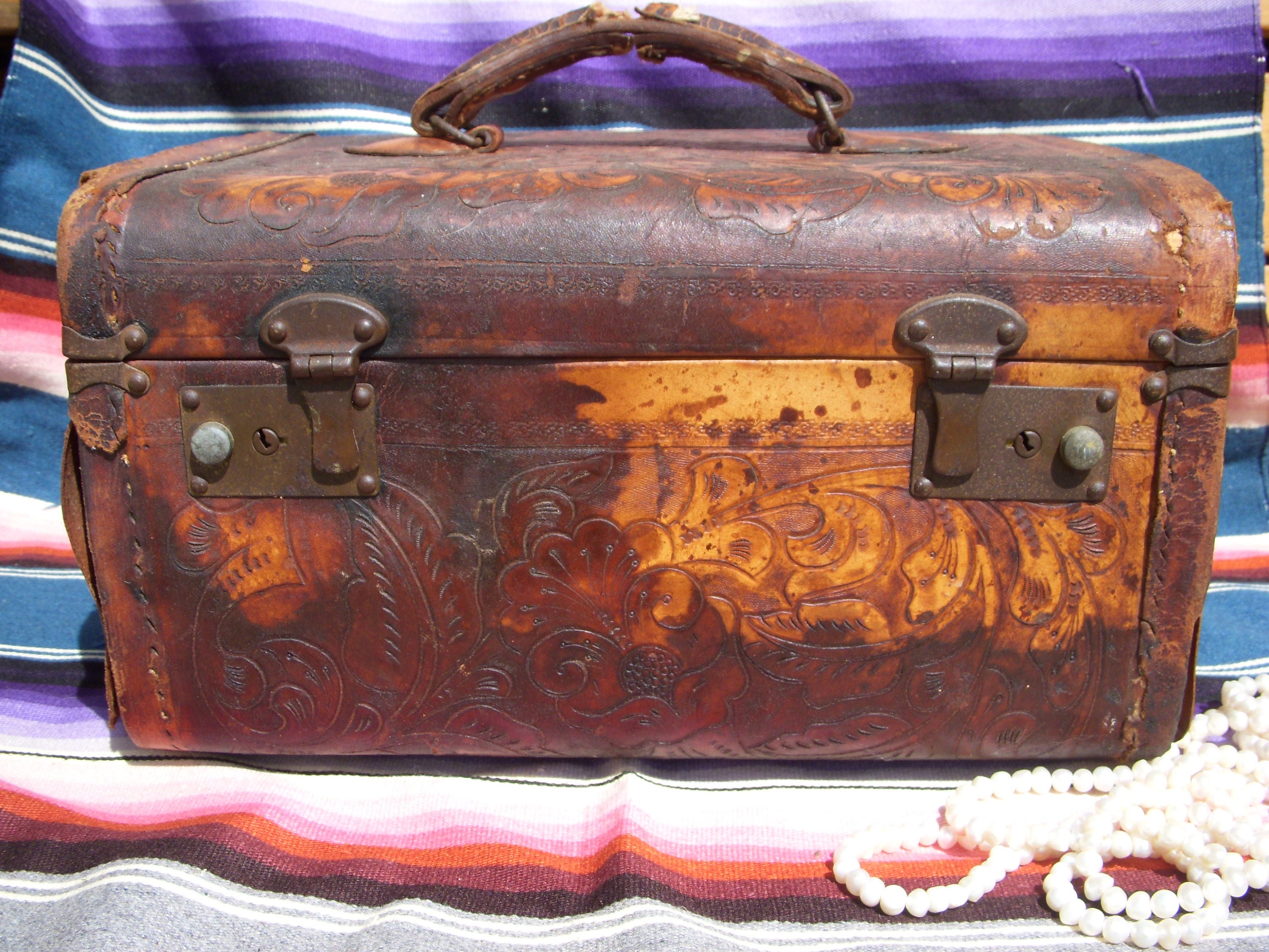 Vintage Tooled Leather Train Case