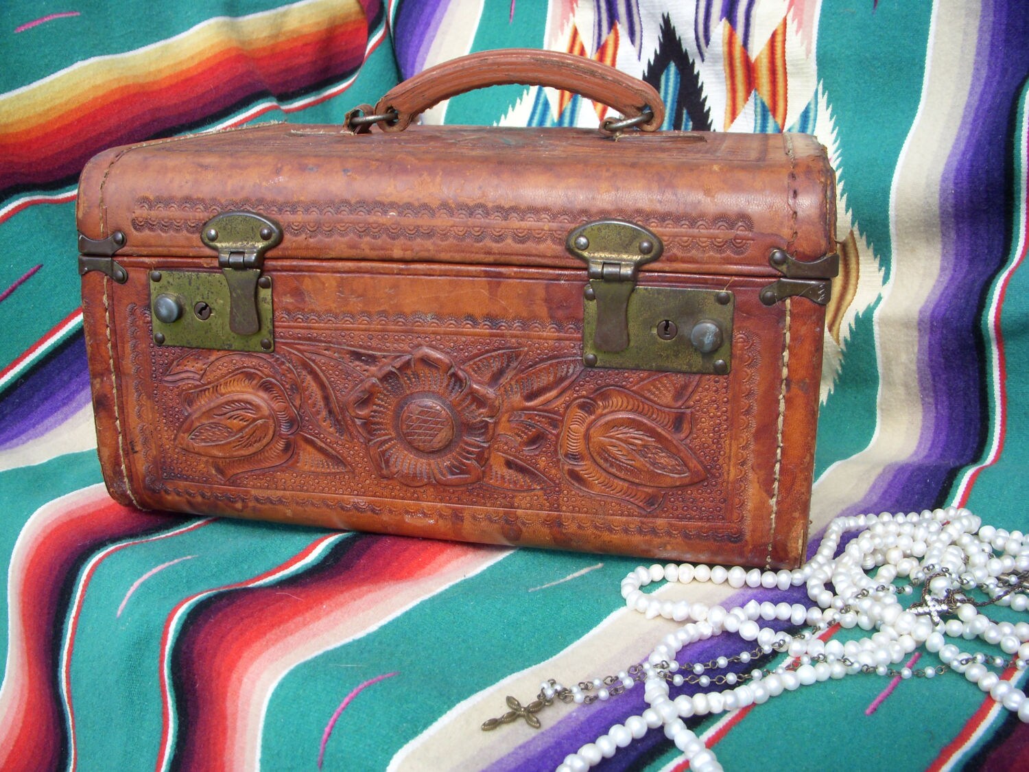 Vintage Tooled Leather Flores Train Case