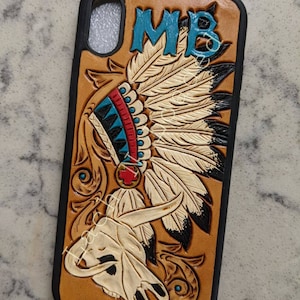 Custom Tooled LeatherHeaddress and Cowskull Cell Phone Case