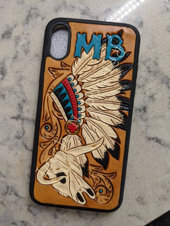 Custom Tooled LeatherHeaddress and Cowskull Cell Phone Case