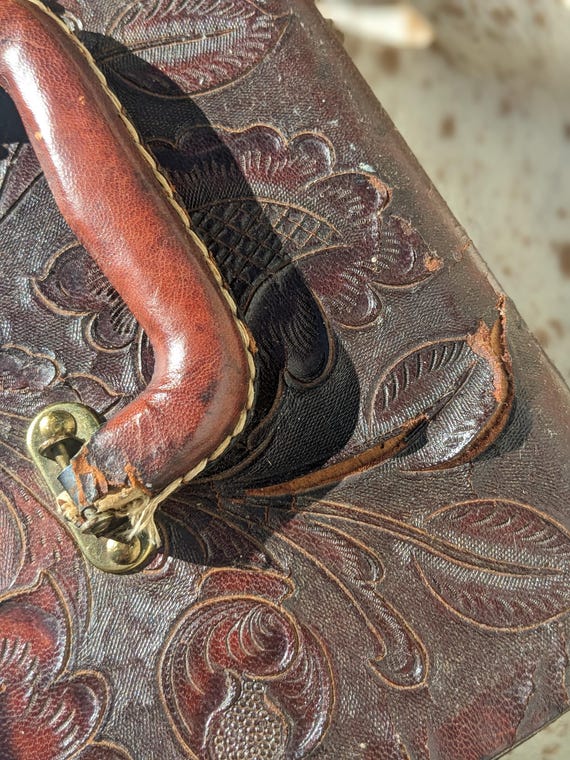 Vintage 1940s Tooled Leather Train Case Artmex Jewelry Case Mexico