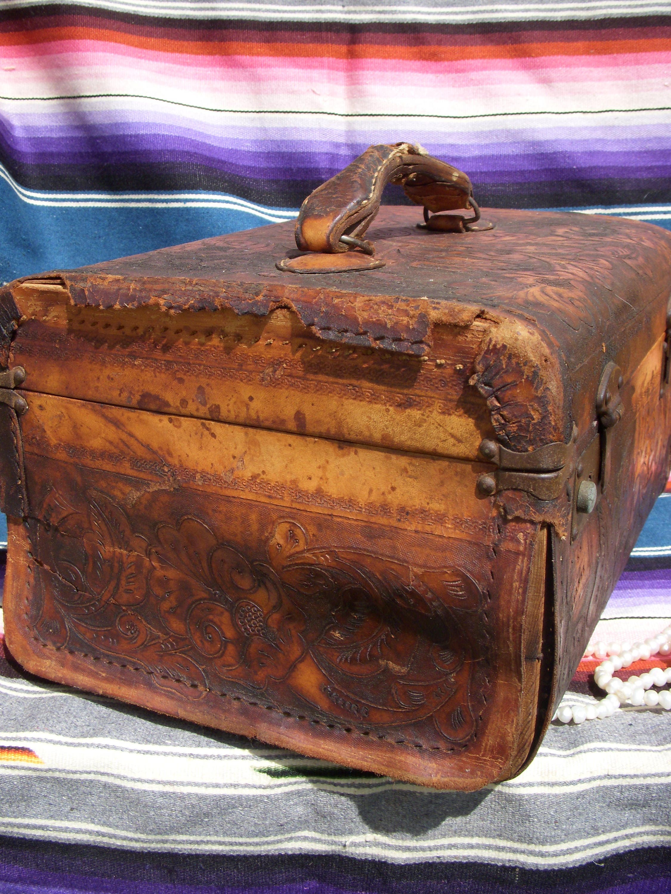 Vintage Tooled Leather Train Case