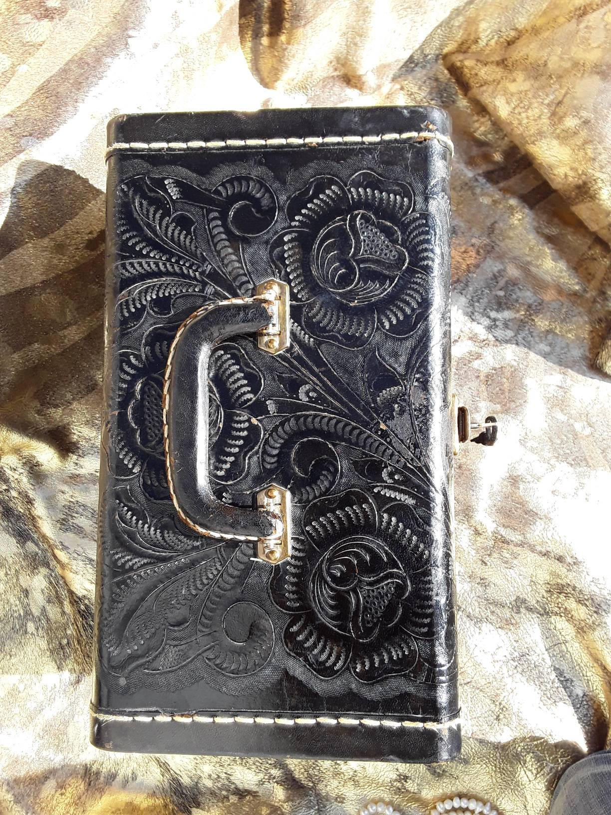 Vintage Black Tooled Leather Train Case with Key