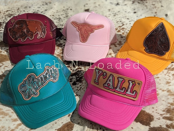 Tooled leather patch trucker hats