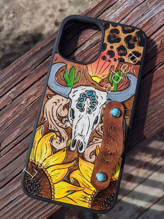 Custom tooled leather phone case with cowskull, sunflowers and leopard design