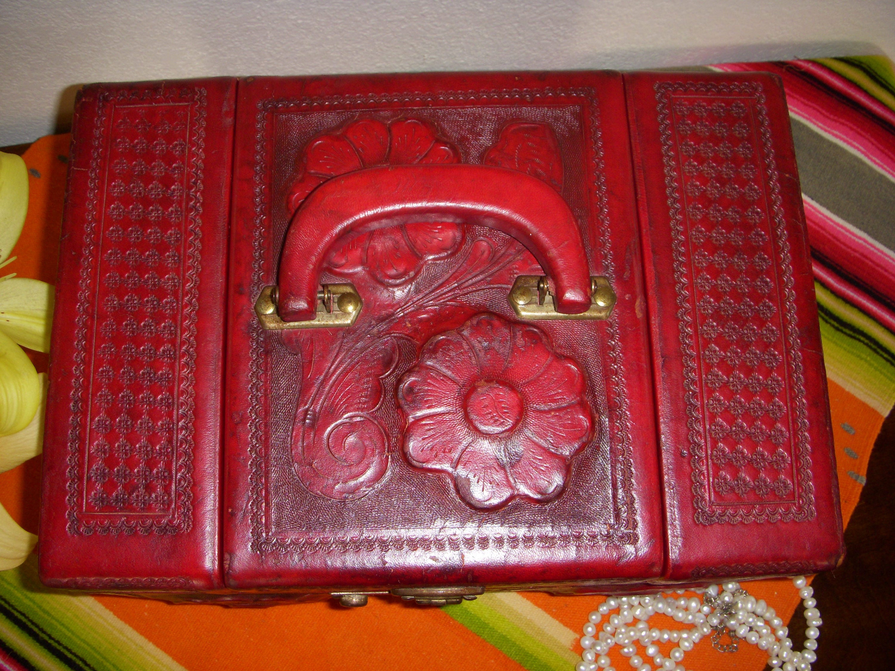 Vintage Red Tooled Leather Train Case for Jewelry or Cosmetics