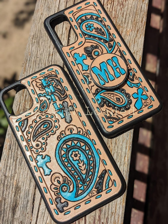 Custom Tooled Leather Phone Case with Paisley and Crosses