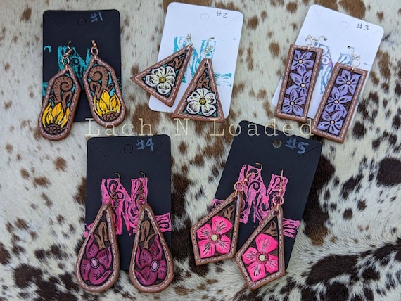 Tooled leather flower earrings