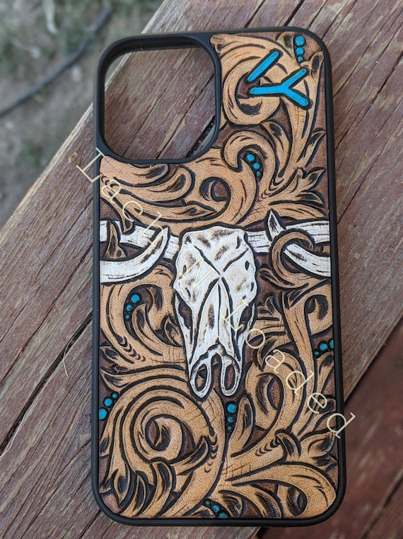 Custom tooled leather longhorn and scroll phone case