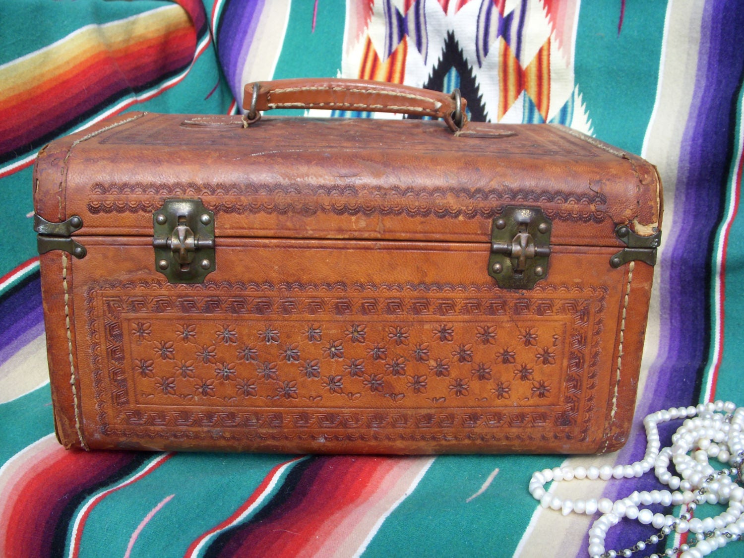Vintage Tooled Leather Flores Train Case