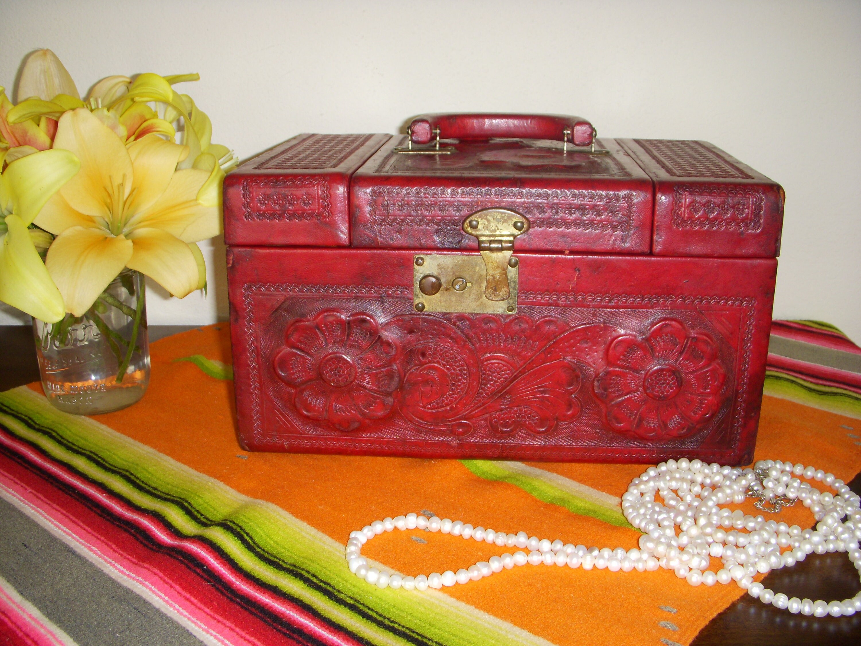 Vintage Red Tooled Leather Train Case for Jewelry or Cosmetics