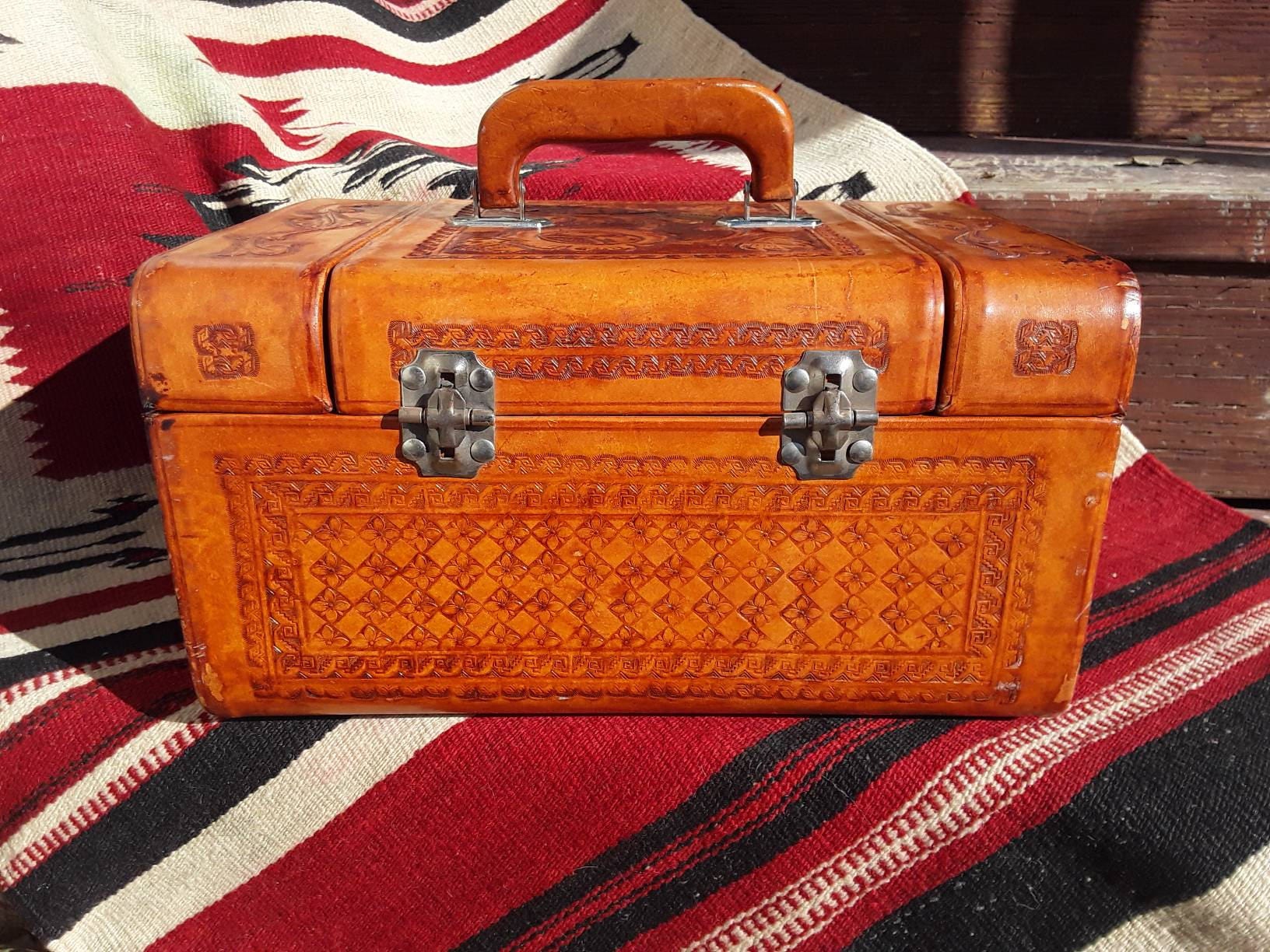Vintage Tooled Leather Train Case with Key