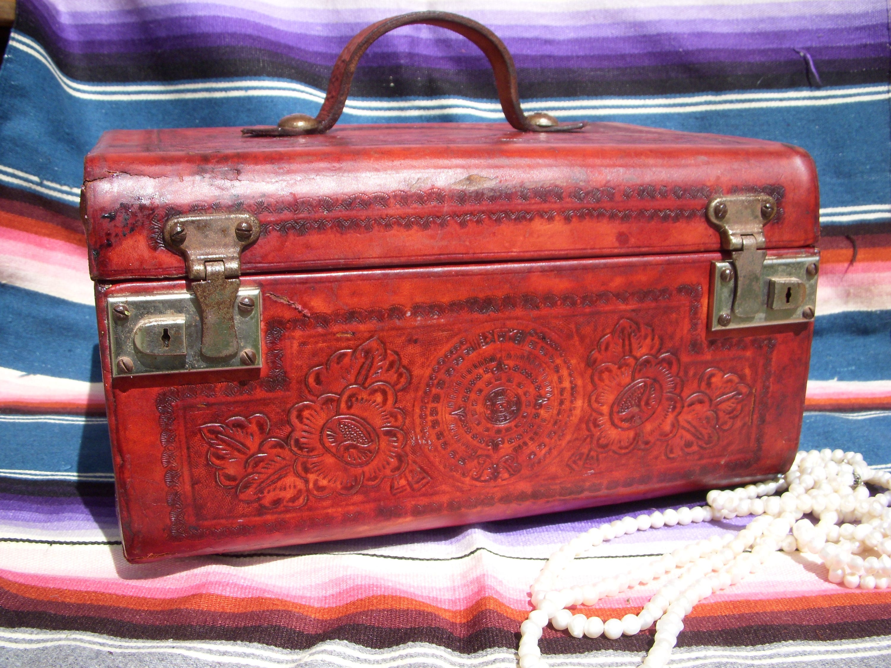 Reserved for Shirley**Vintage Red Tooled Leather Train Case