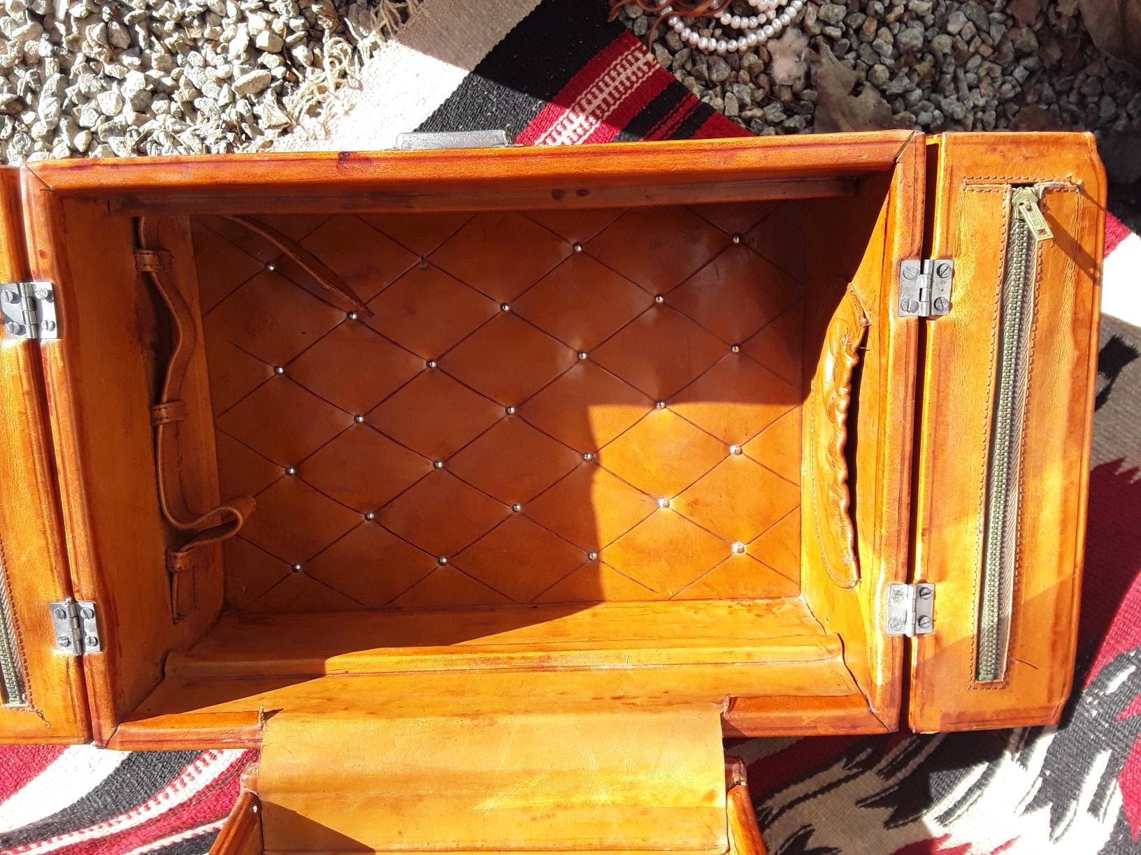 Vintage Tooled Leather Train Case with Key