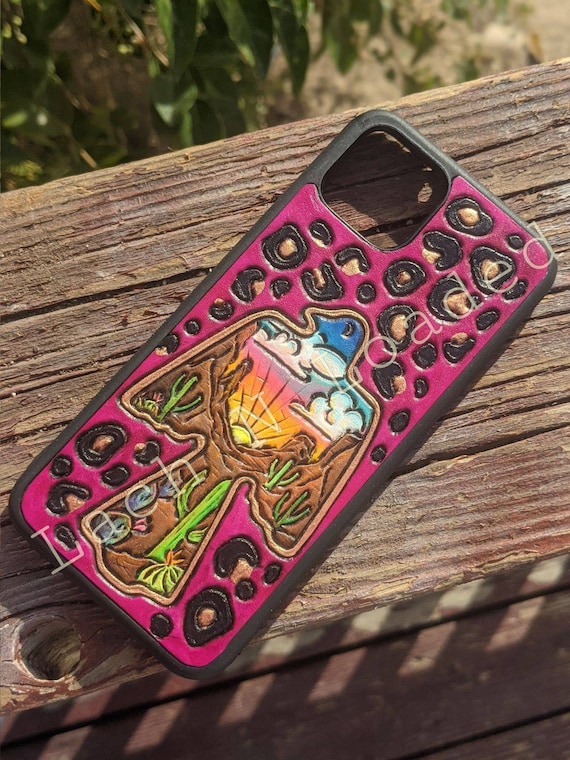 Custom tooled leather southwest desert thunderbird and pink leopard phone case